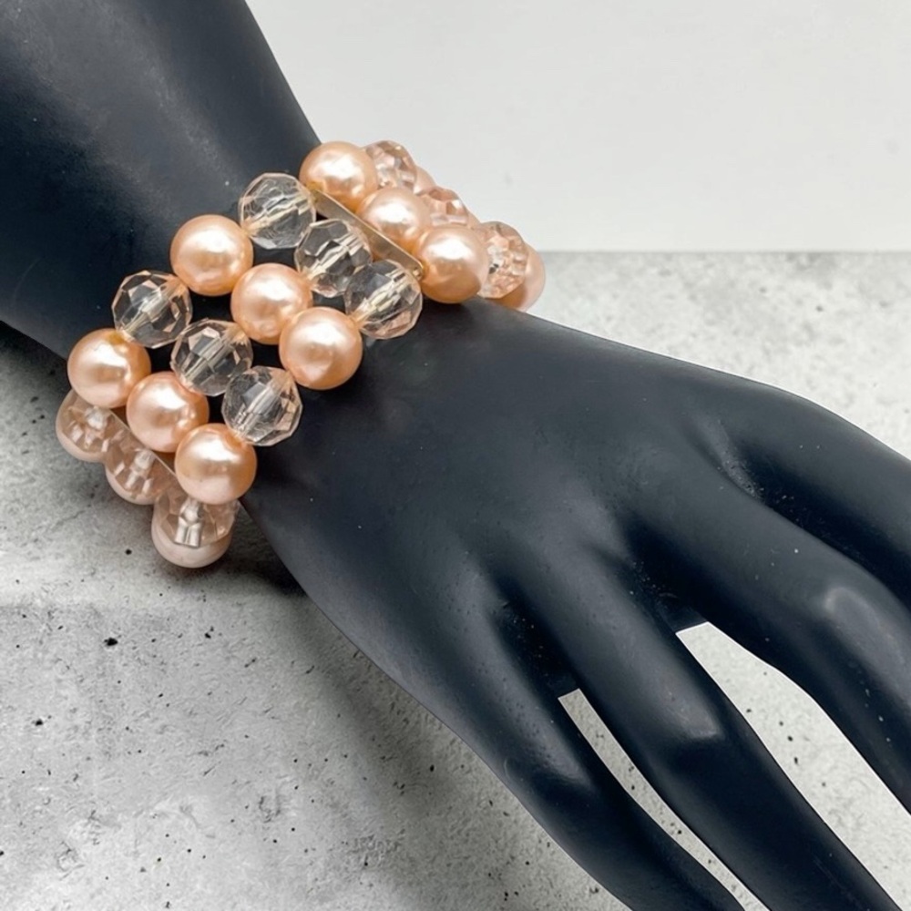Pretty in Pink Multi Strand Faux Pearl and Faceted Beads Stretch Bracelet Estate